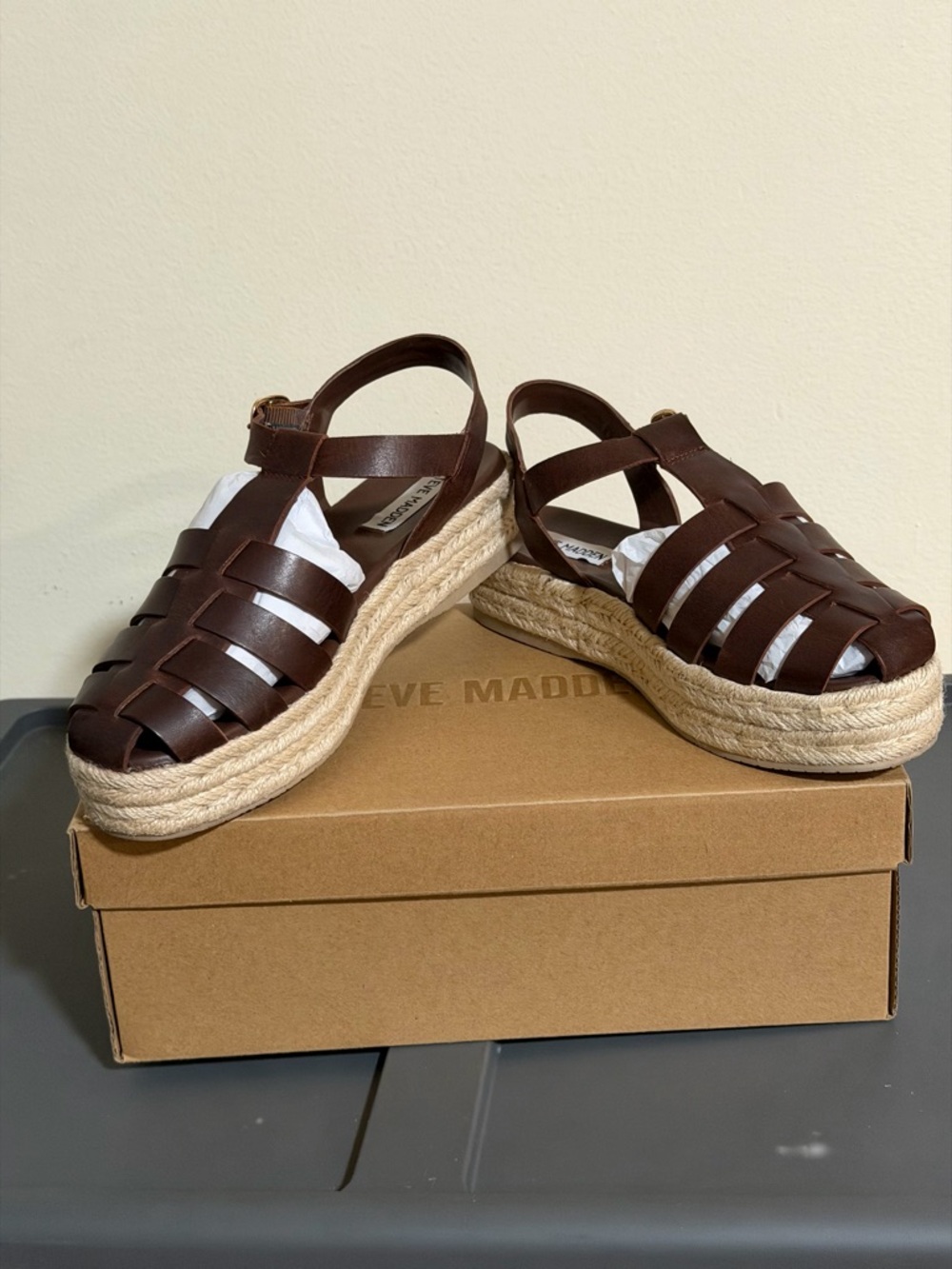 Steve Madden Brown Woven Leather Espadrille Platform Sandals